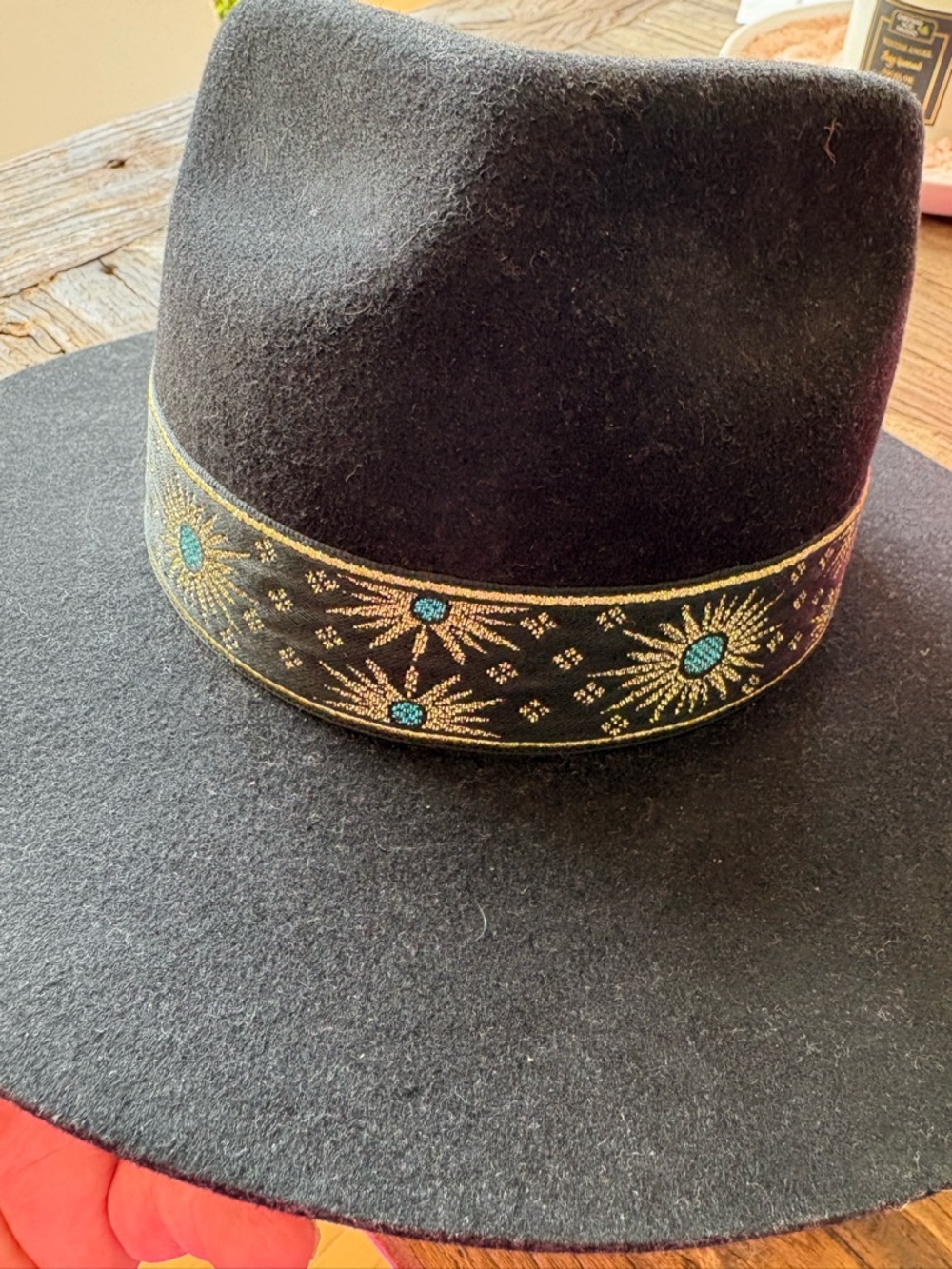Lack Of Color Black Wide Brim Fedora with Embroidered gold and Turquoise Band - Picture 5 of 12